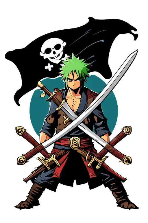 Japanese -style tattoo design inspired by Zoro de One Piece: includes its three cross swords, a pirate flag, tattoo design idea