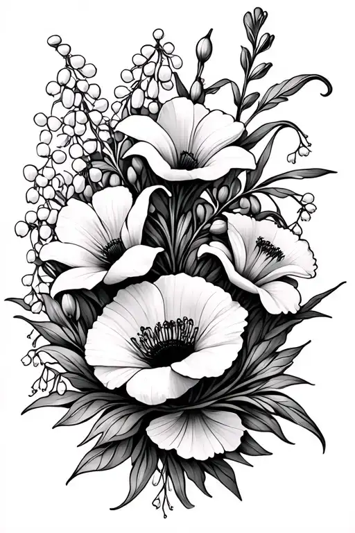 floral mandala design incorporating lily of the valley, poppy, gladioli and marigold flowers tattoo design idea