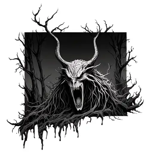 cryptid nightmare forest gore tattoo design idea