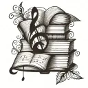 A tattoo design featuring a stack of books with musical notes floating around them, incorporating intricate line work and shading to represent your love for literature and music tattoo design idea