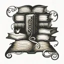 A tattoo design featuring a stack of books with musical notes floating around them, incorporating intricate line work and shading to represent your love for literature and music tattoo design idea