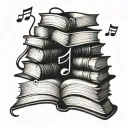 A tattoo design featuring a stack of books with musical notes floating around them, incorporating intricate line work and shading to represent your love for literature and music tattoo design idea