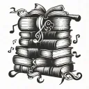 A tattoo design featuring a stack of books with musical notes floating around them, incorporating intricate line work and shading to represent your love for literature and music tattoo design idea