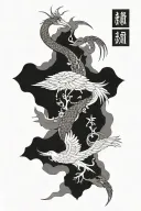 “Full-sleeve blackwork tattoo inspired by Japanese art, featuring a dynamic crane and serpent intertwined to represent y tattoo design idea