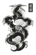 “Full-sleeve blackwork tattoo inspired by Japanese art, featuring a dynamic crane and serpent intertwined to represent y tattoo design idea