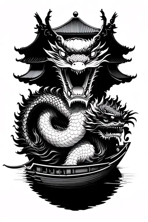 Japanese temple and dragon wrapped small boat tattoo design idea