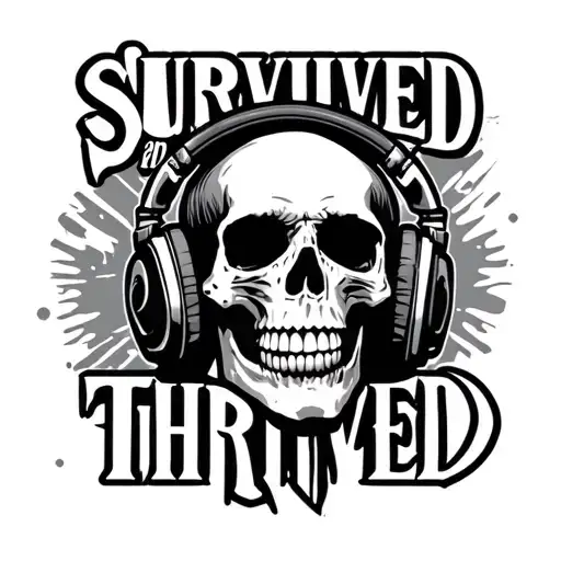 "Survived and Thrived " "Survived and Thrived " skull wearing headphones tattoo design idea