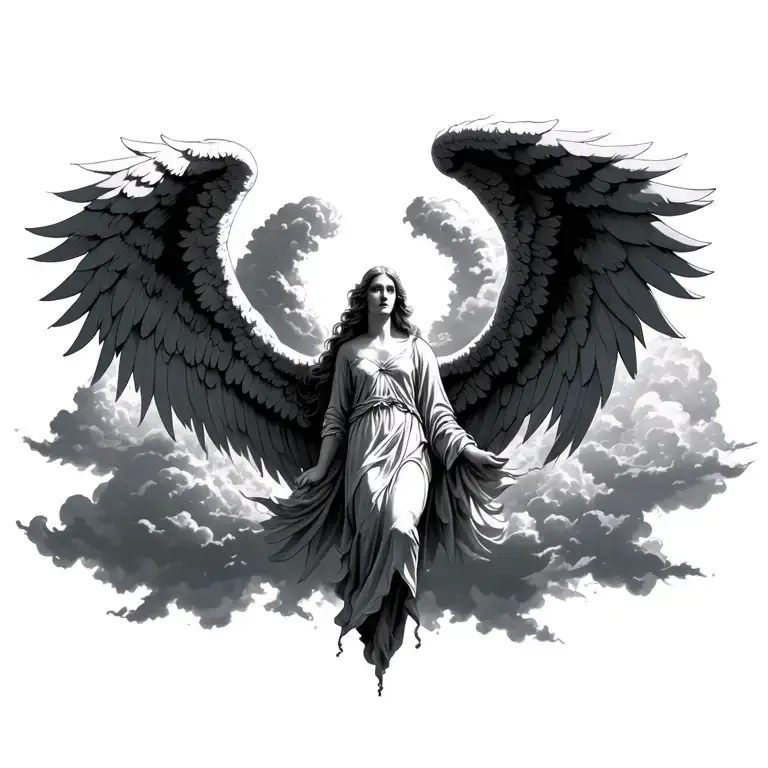  angel with wide wings rising up clouds in background  tattoo design idea