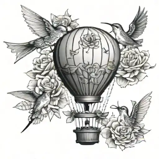 hot air balloon with hummingbirds and flowers tattoo design idea