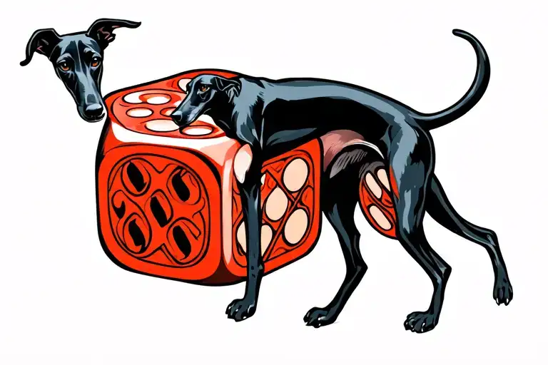 black greyhound standing on large dice with one paw on each die tattoo design idea