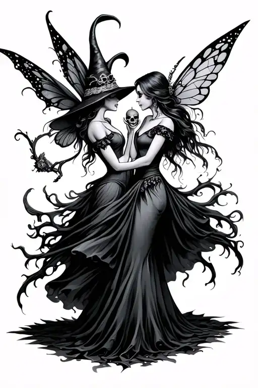 A fairy and a witch dancing like skulls facing each other tattoo design idea