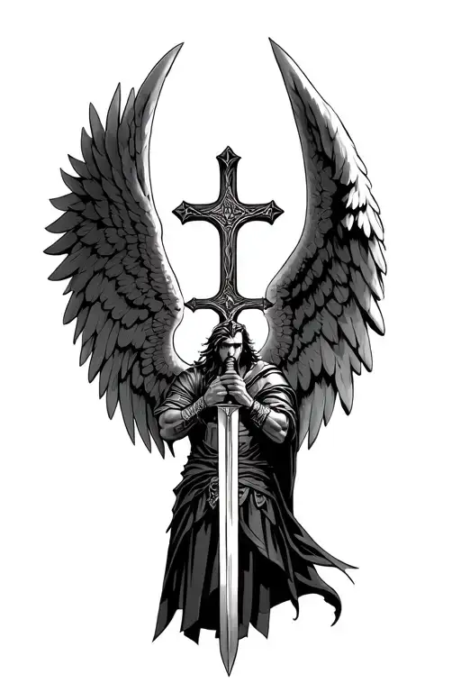 angel wing on the outside, spartan warrior on the inside holding a sword, christian cross  tattoo design idea