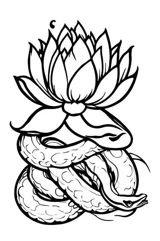 lotus flower intertwined with a snake slithering with its head poking out the top  tattoo design idea