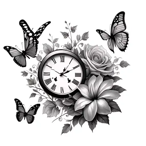 broken butterfly clock face, smaller butterflies surrounding, roses, lotus & hibiscus flowers tattoo design idea
