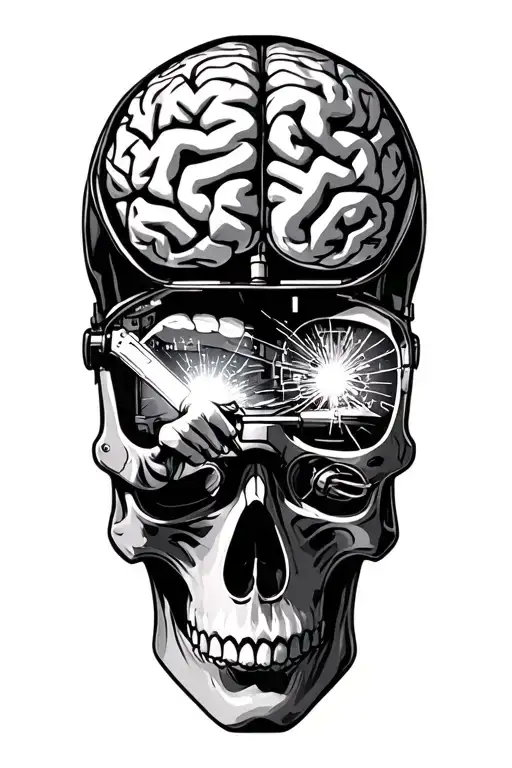 Welder doing brain surgery welder inside a skull . realistic looking tattoo design idea