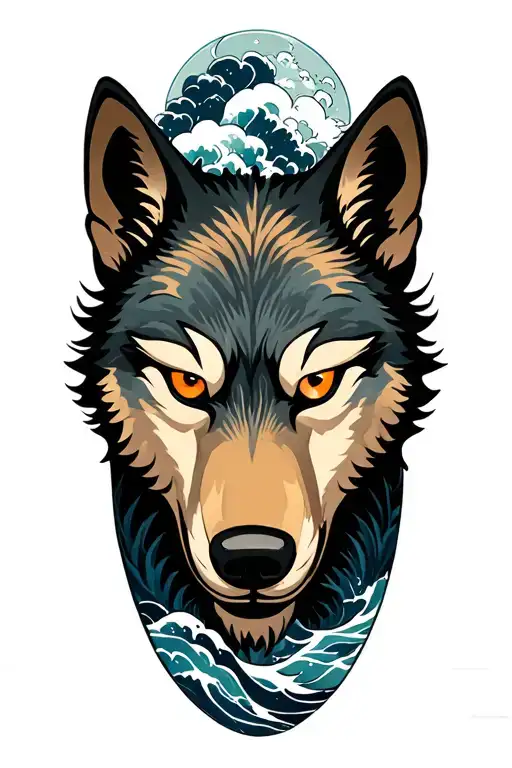 wolf mask in ocean waves tattoo design idea