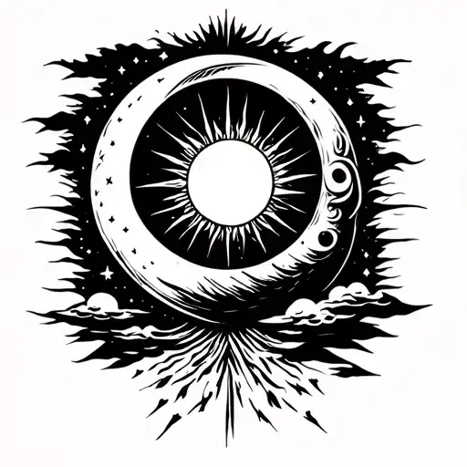 bio mechanical, crescent moon with sun inside the circle and clouds at the bottom, eerie tattoo design idea