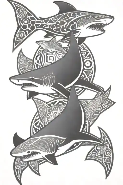 Maori geometric design with shark, tortoise and manta ray and full of mohair shapes  tattoo design idea