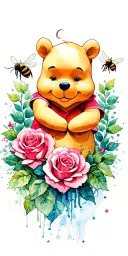 Winnie the Pooh with bees and roses intertwined tattoo design idea