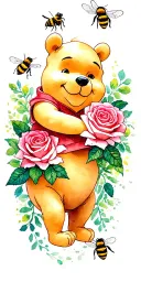 Winnie the Pooh with bees and roses intertwined tattoo design idea