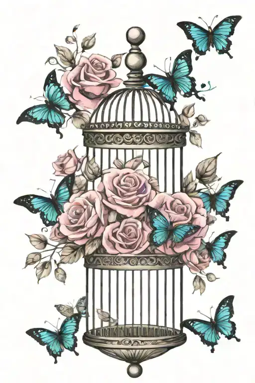 birdcage with teal butterflies flying out surrounded by dark pink roses tattoo design idea