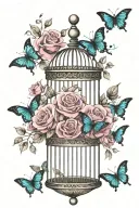 birdcage with teal butterflies flying out surrounded by dark pink roses tattoo design idea