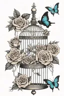 birdcage with teal butterflies flying out surrounded by dark pink roses tattoo design idea