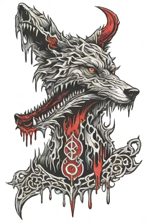 Nordic runes and wolf snarling dripping blood tattoo design idea