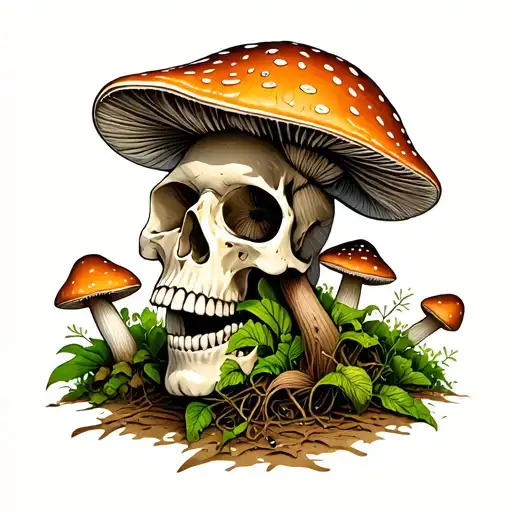 mushrooms growing from skull tattoo design idea