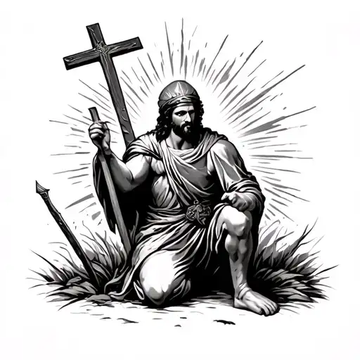 Cristian soldier kneeling and a cross tattoo design idea