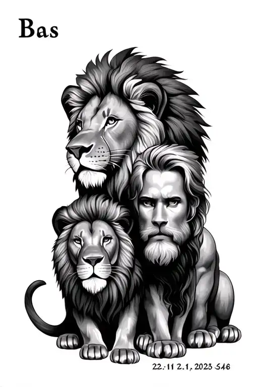 son lion and father. Name Bas, date 22-11-2023, time 6.48. tattoo design idea