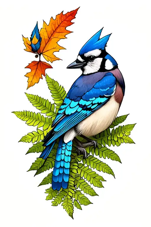 a bluejay perched on a silverfern and a piwakawaka perched on a mapleleaf tattoo design idea