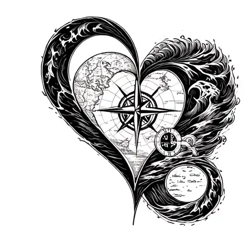 a heart in shape of a letter B in sea waves and compass and map tattoo design idea