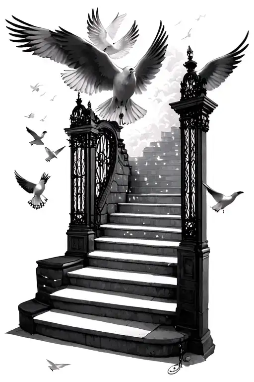 stairway to heaven gates doves flying and lights ( black and whote ) tattoo design idea