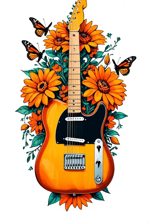 A honey burst Fender Telecaster guitar surrounded by orange flowers of the day of the dead and monarch butterflies tattoo design idea