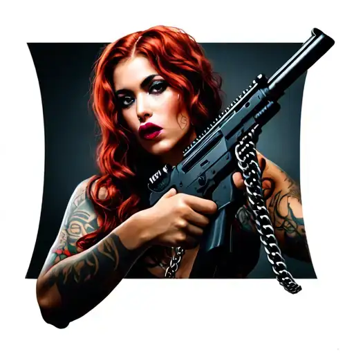 Portrait of latina woman with red hair and big lips With Chain Around her neck holding asault rifle in her hands tattoo design idea