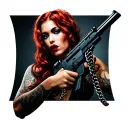 Portrait of latina woman with red hair and big lips With Chain Around her neck holding asault rifle in her hands tattoo design idea