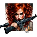 Portrait of latina woman with red hair and big lips With Chain Around her neck holding asault rifle in her hands tattoo design idea