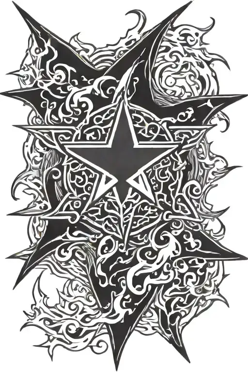 shuriken surrounded by flame swords And tattoo design idea