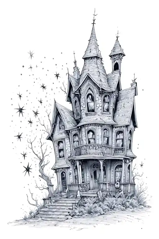 haunted house with sparkles black grey tattoo realism tattoo design idea