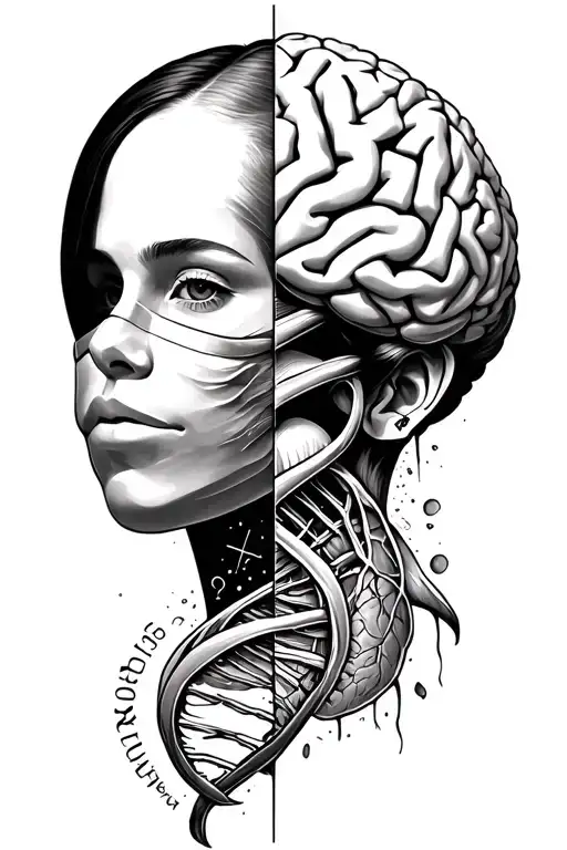 Brain, DNA, heart, face half mask half a real face tattoo design idea