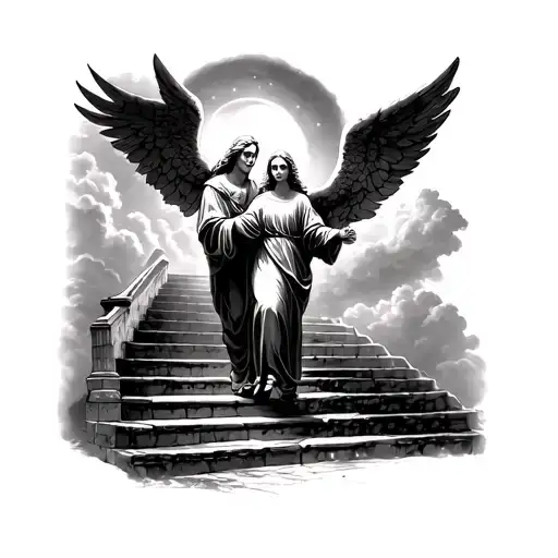 memorial tattoo of heaven and angel walking up stairs tattoo design idea