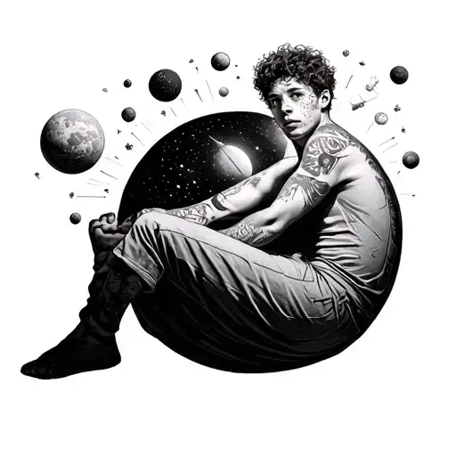 young man with freckles/curly hair sitting in a ball overthinking position with space stuff coming out of his head tattoo design idea