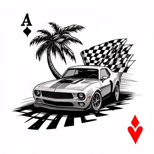 Car going down race track, checkered flag, deck of cards, firebird, palm tree  tattoo design idea