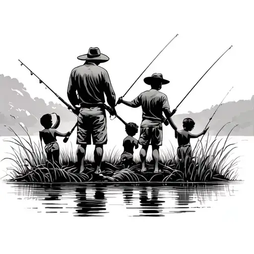 dad and 3 sons: They stand sideways on the bank, all  with fishing rods in their hands. Their postures show the sun tattoo design idea
