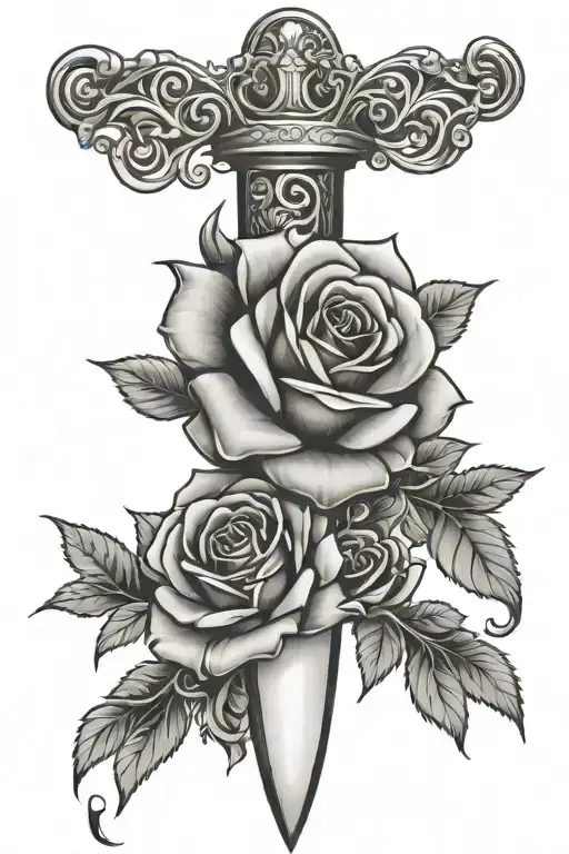 roses entwined dagger tattoo design idea