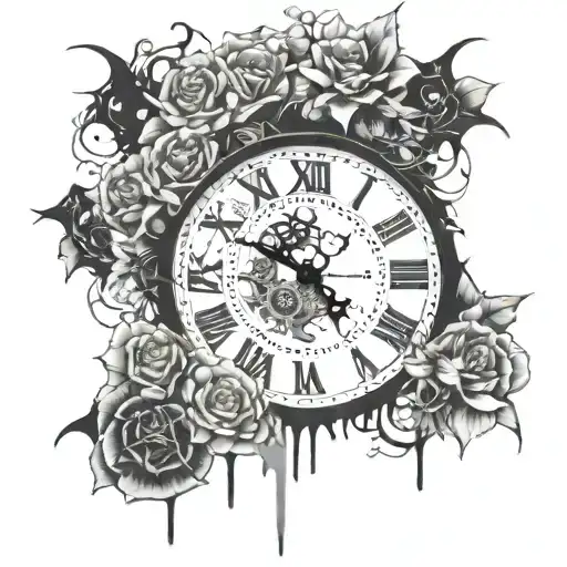 clock melting, spider webs, flowers blooming tattoo design idea
