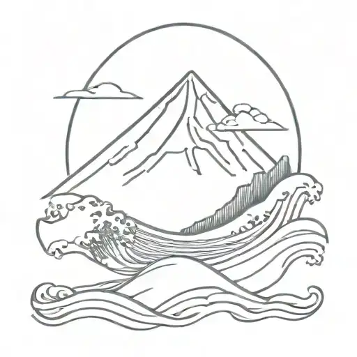 Japanese great wave and Mount Fuji background fine line geometric tattoo design idea