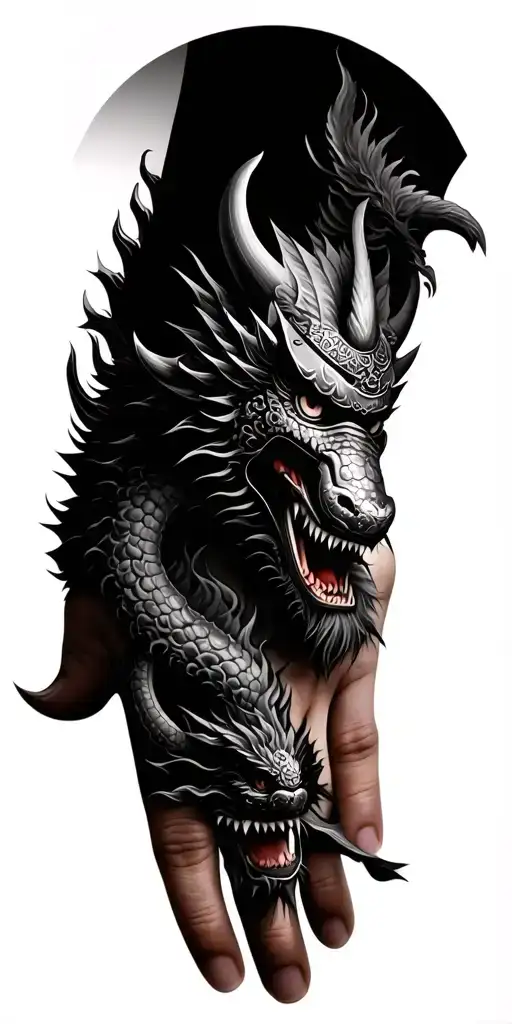 Tattoo for a hand of 50 cm lenght, japanese style with oni mask samurai dragons and demons tattoo design idea