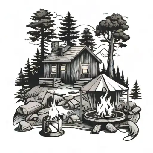 Cabins and campfire surrounded tattoo design idea